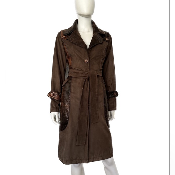 SALE🔥🔥NWT WOMEN TRENCH COAT LINED BELTED COAT ANIMAL PRINT VELOUR JACKET BROWN - Picture 15 of 15